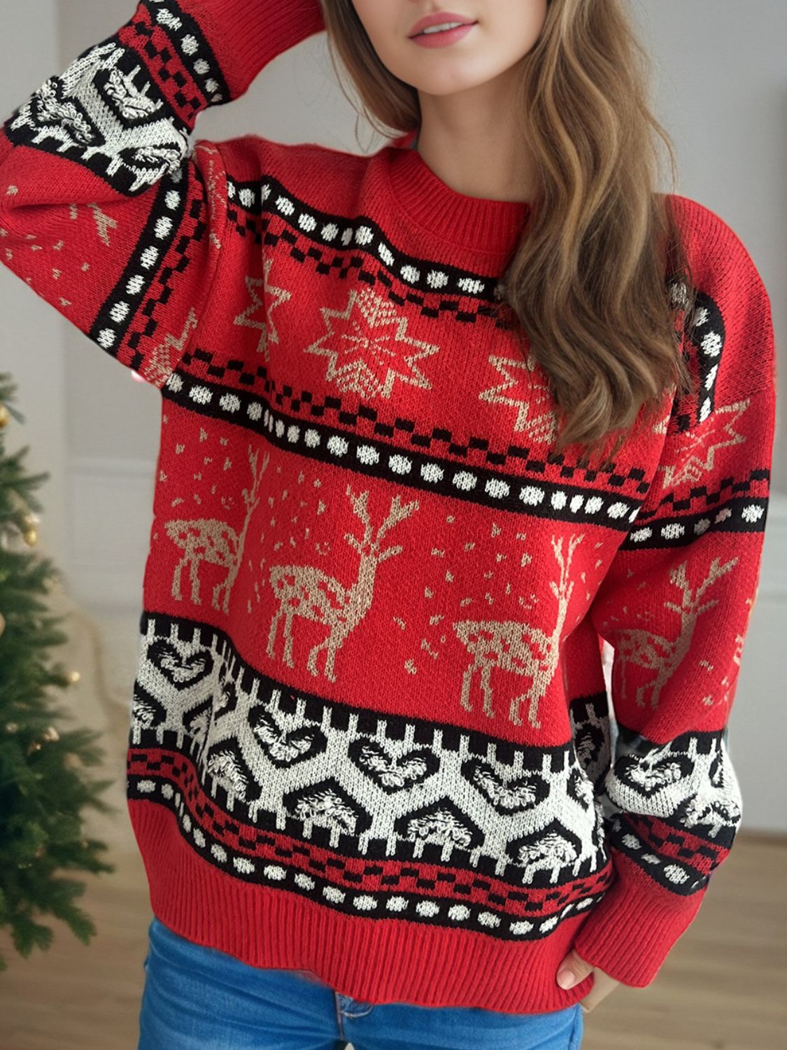 Christmas Element Round Neck Long Sleeve Sweater Deep Red One Size