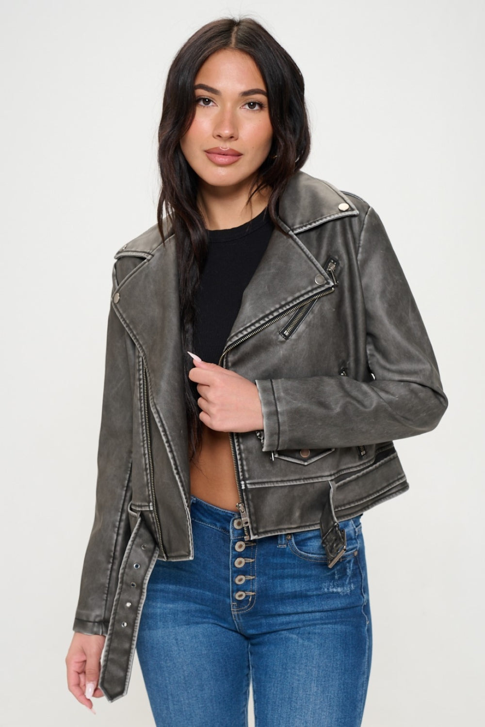 Vegan Leather Biker Jacket with Belt