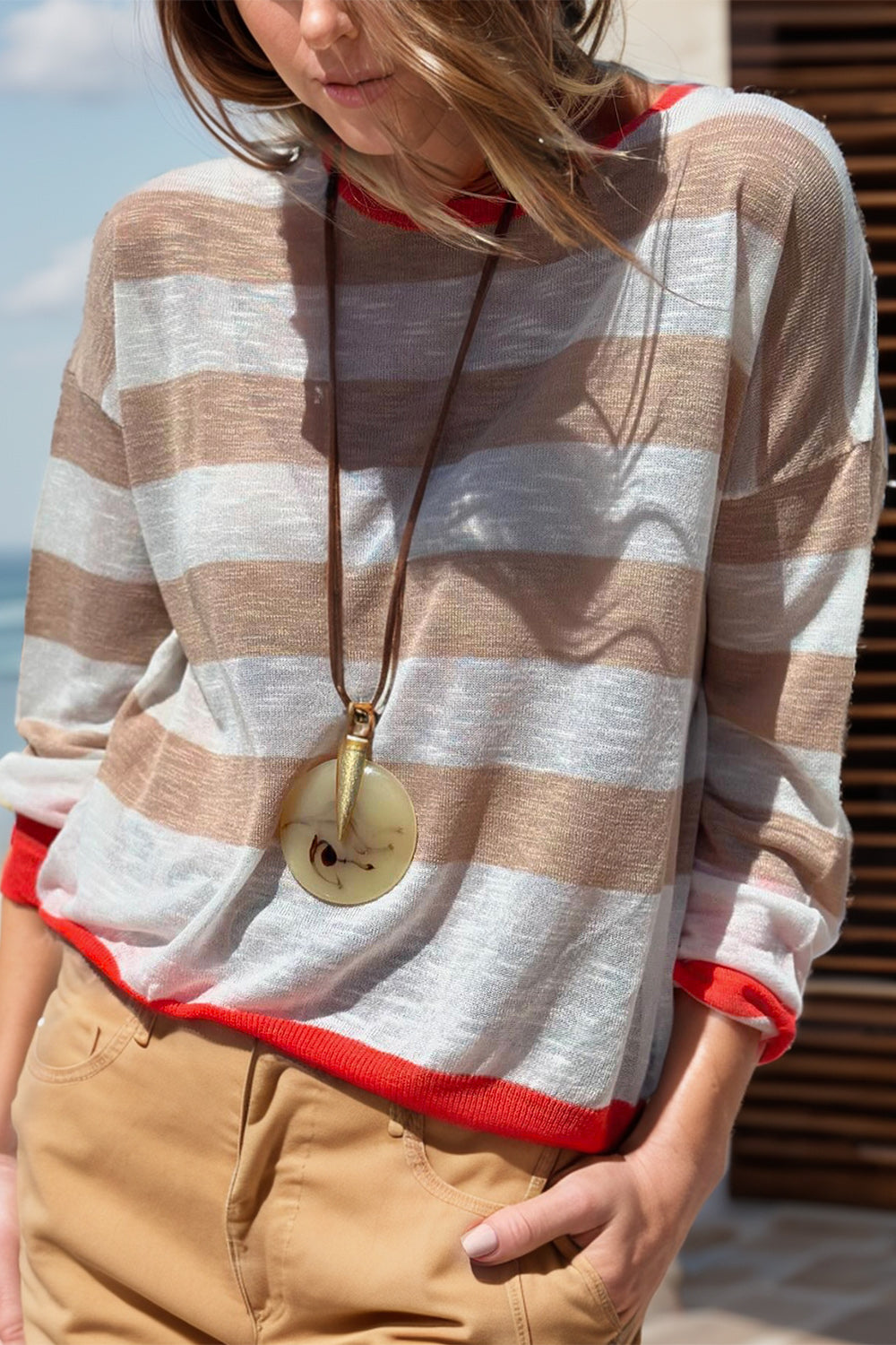 Contrast Striped Round Neck Long Sleeve Knit Top Camel