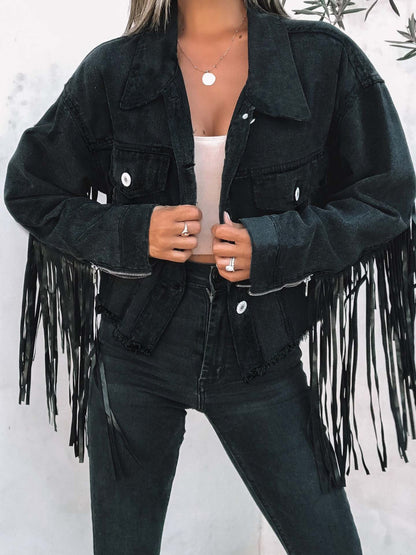 Fringed Denim Jacket with Button Closure Black