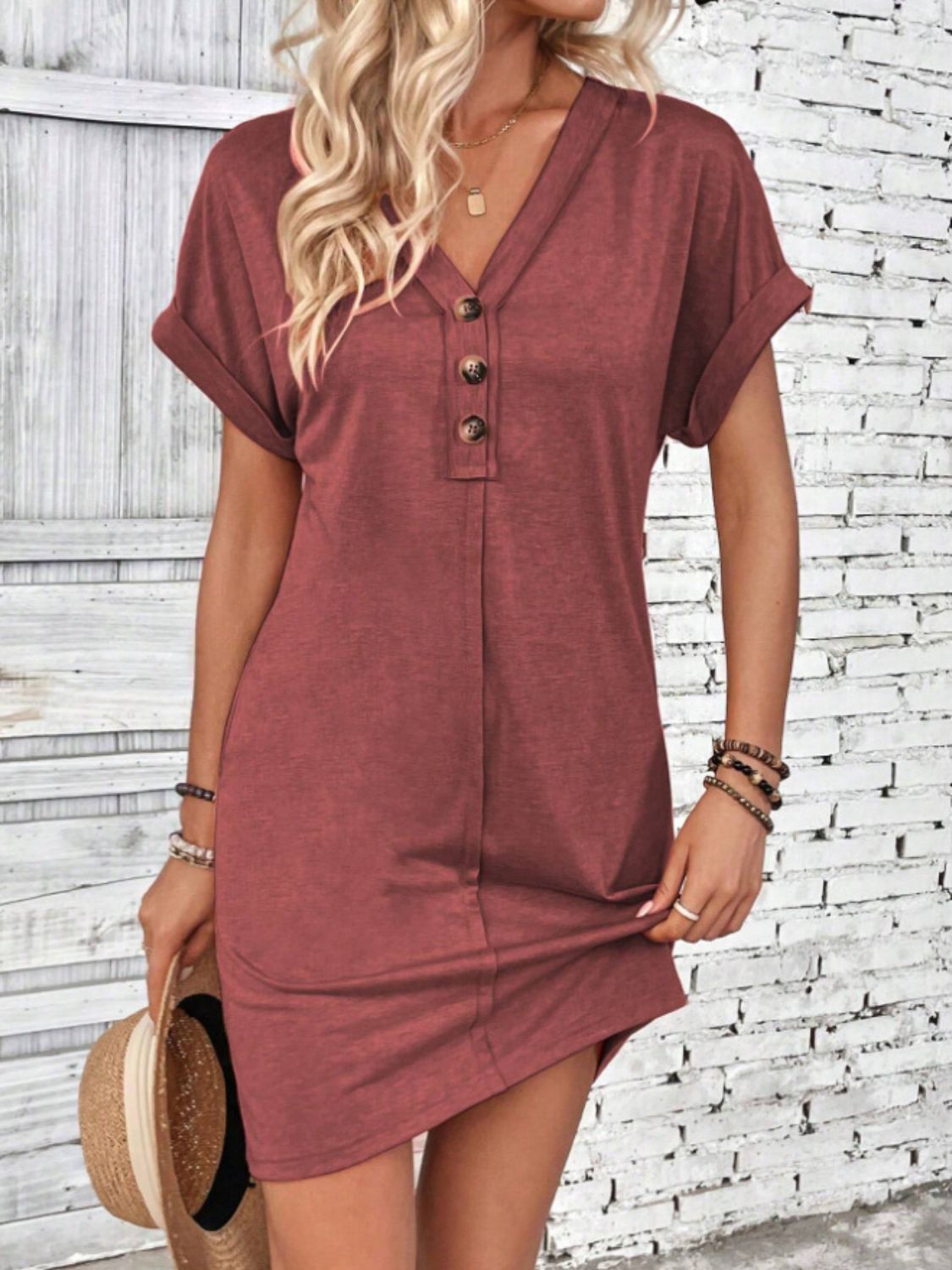 Quarter Button V-Neck Short Sleeve Dress Rust