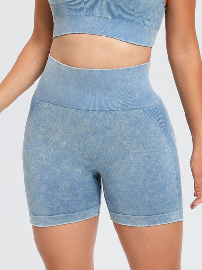 Washed High Waist Active Shorts Light Blue