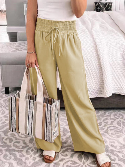 Full Size Drawstring High Waist Wide Leg Pants Tan