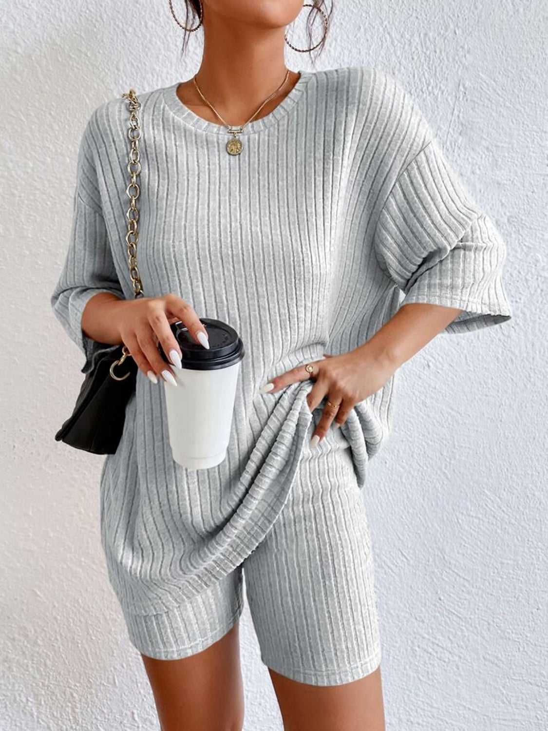 Soft Ribbed Knit Lounge Set Heather Gray