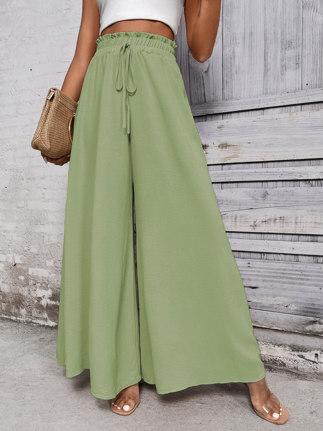 Tied High Waist Wide Leg Pants Light Green