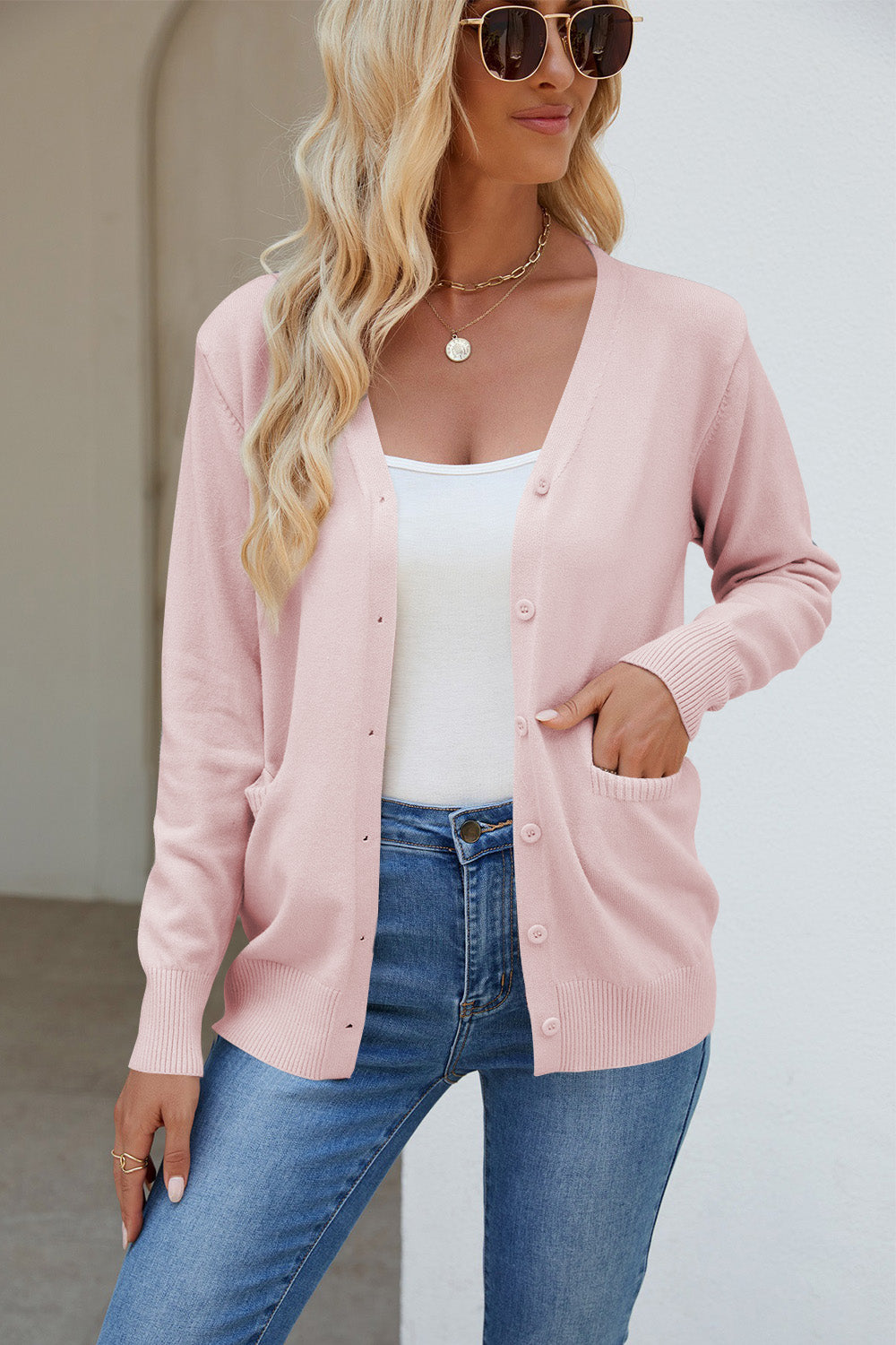 Pocketed V-Neck Button Up Long Sleeve Cardigan Blush Pink One Size