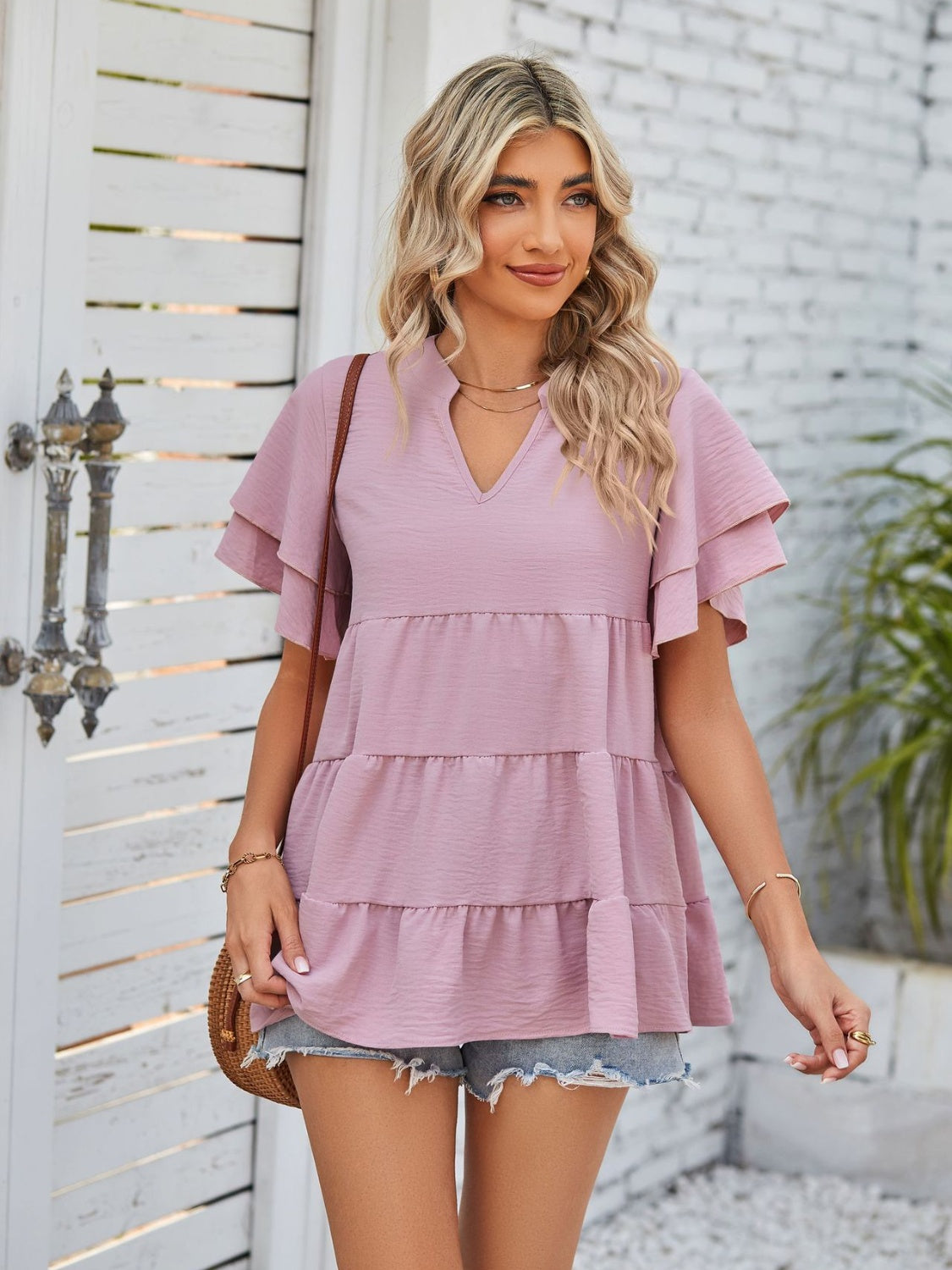 Tiered Notch Neck Blouse Dusty Pink