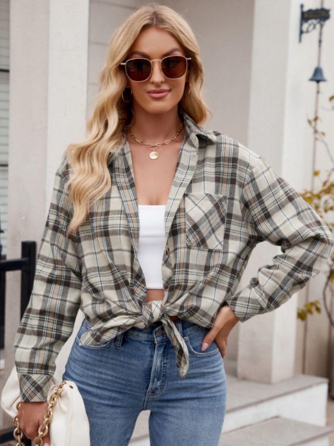 Pocketed Plaid Collared Neck Long Sleeve Shirt Khaki