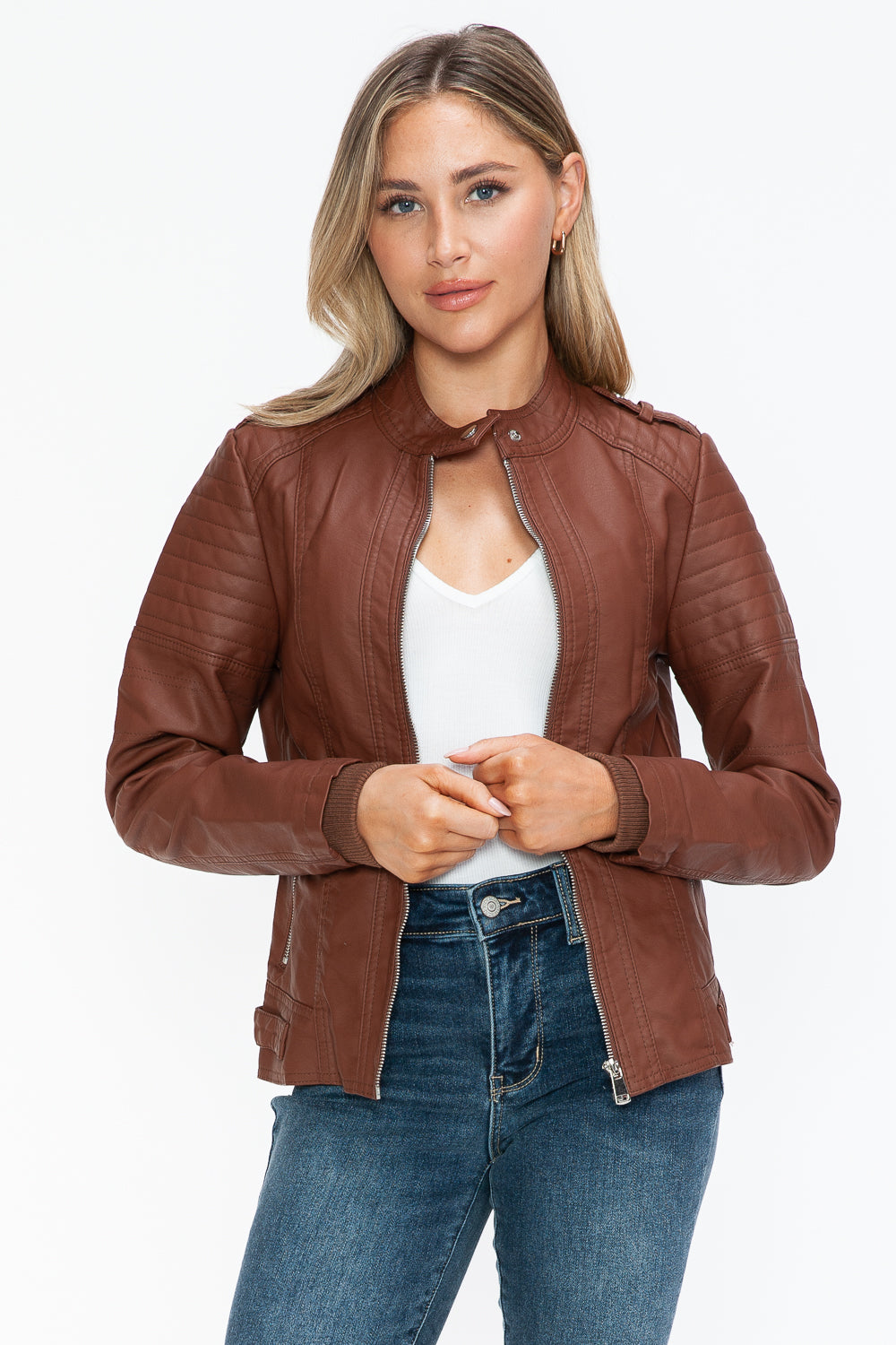 Snobbish PU Leather Biker Jacket with Side Zip Pockets Brandy