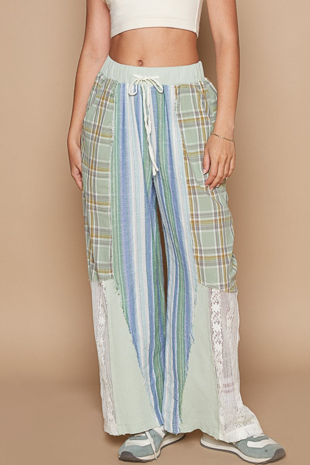 POL Drawstring Plaid Print Lace Straight Pants Light Green Multi