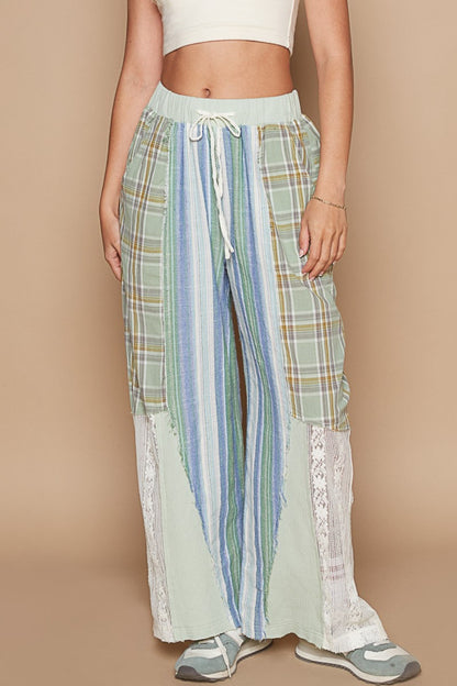 POL Drawstring Plaid Print Lace Straight Pants Light Green Multi