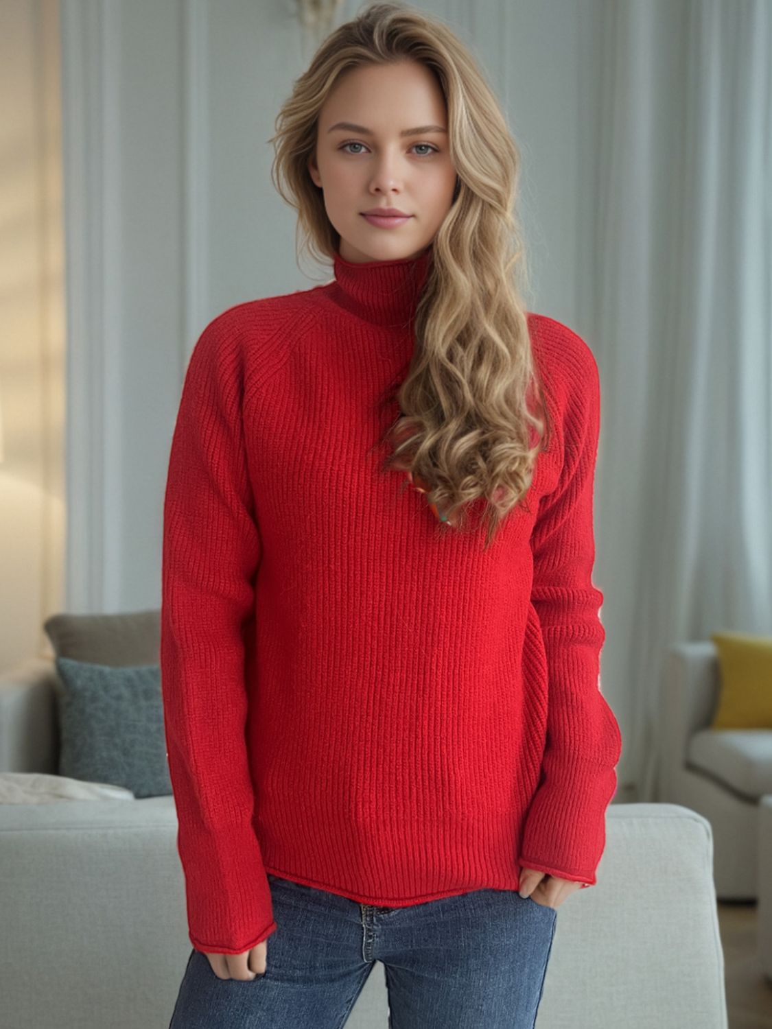 Turtleneck Long Sleeve Sweater Scarlet One Size