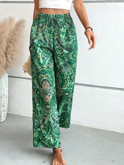 Tie Waist Printed Wide Leg Pants