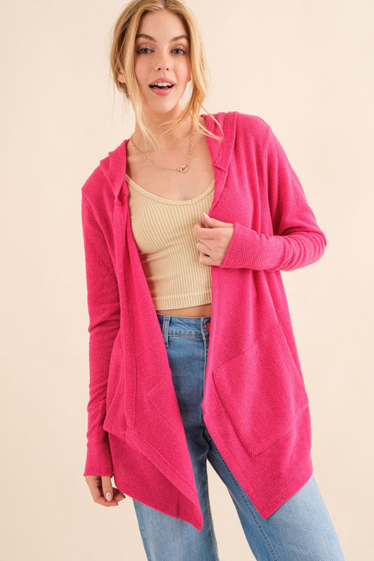 And The Why Full Size Thermal Hooded Open Front Cardigan with Pockets Fuchsia