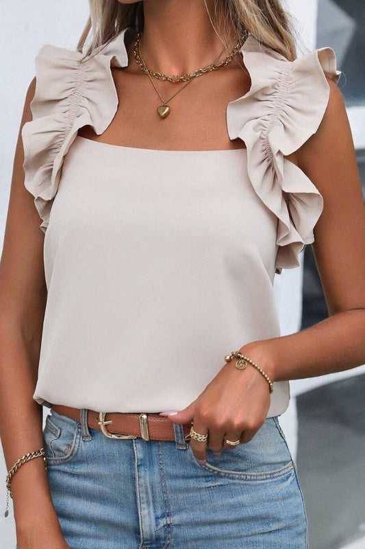 Ruffled Square Neck Tank Ivory