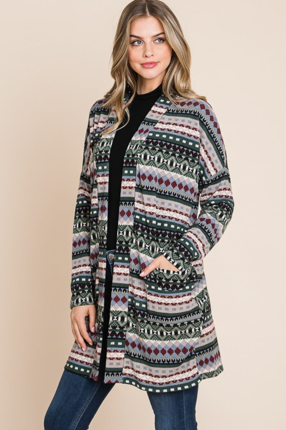 BOMBOM Geometric Open Front Long Sleeve Cardigan with Pockets