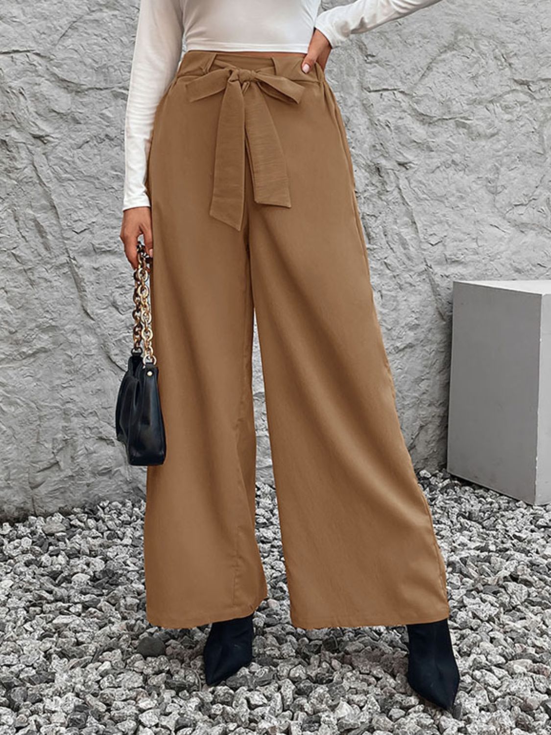 Tied High Waist Wide Leg Pants Caramel