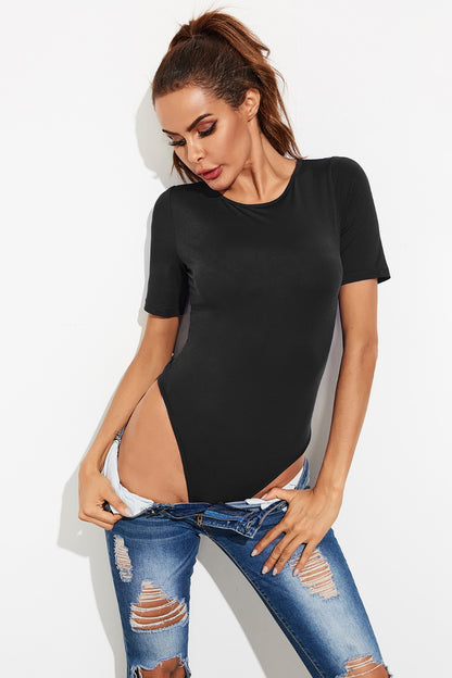 Round Neck Short Sleeve Bodysuit Black