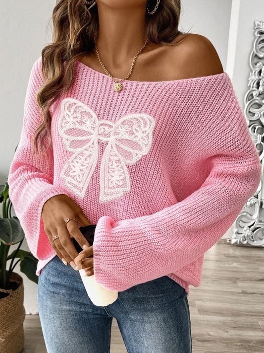 Bow Boat Neck Long Sleeve Sweater Blush Pink