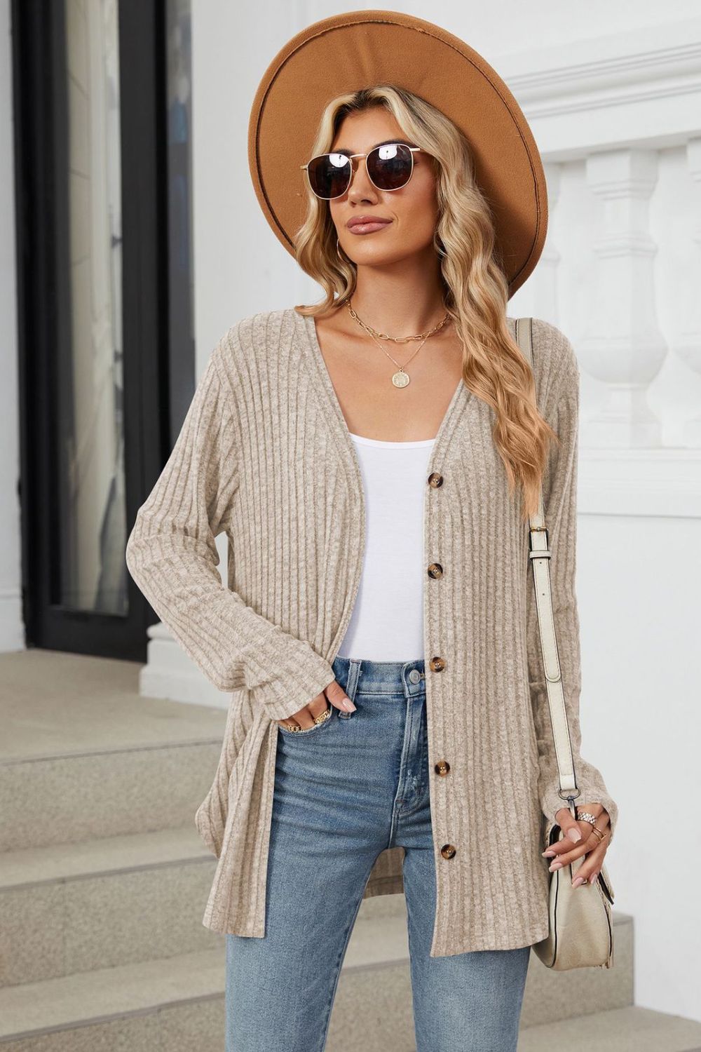 Ribbed Button Up Long Sleeve Cardigan Khaki