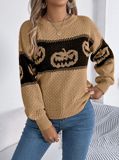 Pumpkin Round Neck Long Sleeve Sweater Camel