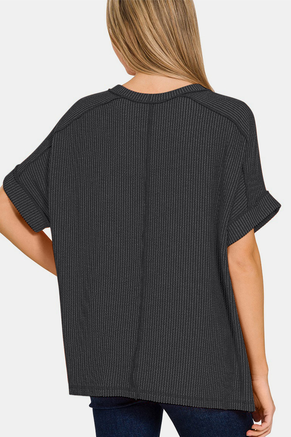 Zenana Ribbed Exposed Seam High-Low T-Shirt