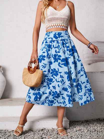 Slit Printed Midi Skirt Blue