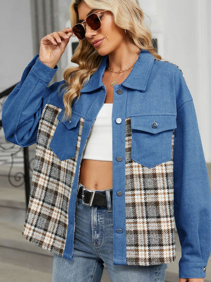 Plaid Denim Jacket with Button Closure