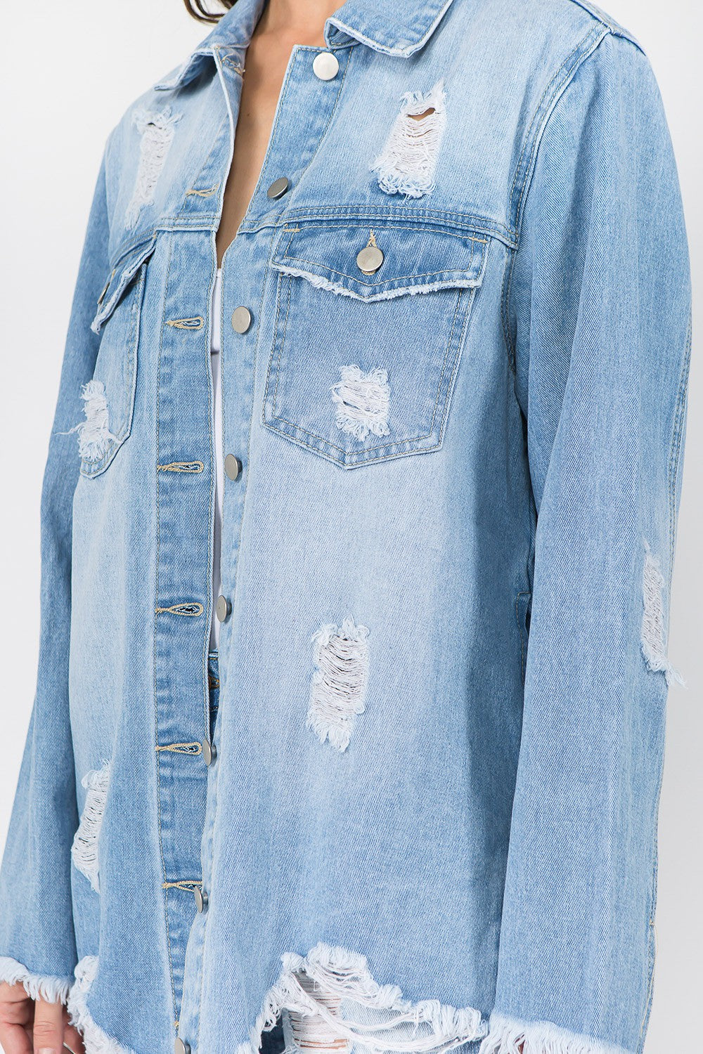 Women's Distressed Denim Jacket with Frayed Hem