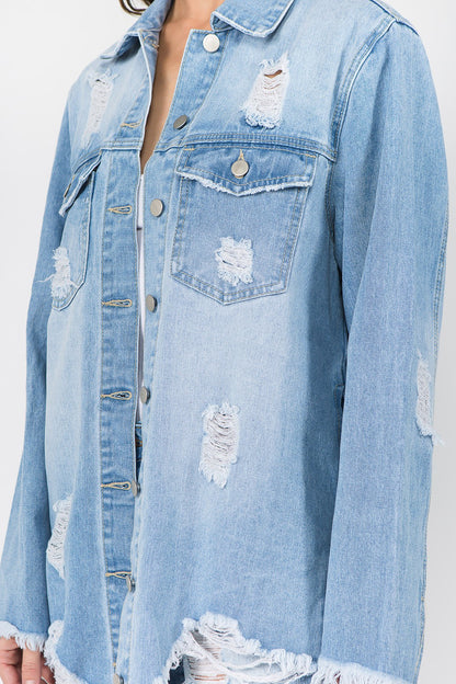 Women's Distressed Denim Jacket with Frayed Hem