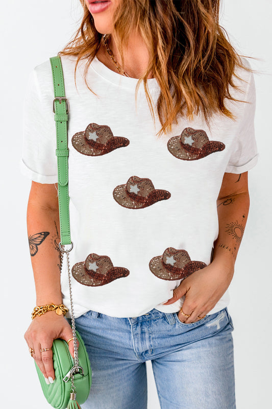 Sequin Hat Round Neck Short Sleeve T-Shirt White