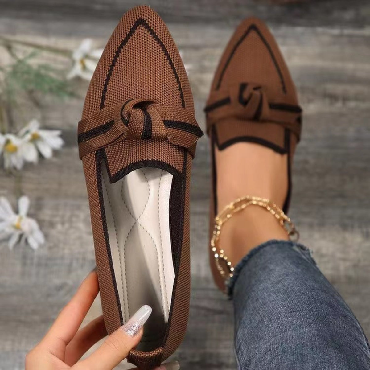 Pointed-Toe Loafers with Bow Detail Chestnut