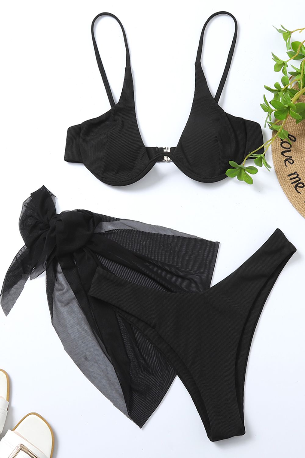 3-Piece Ribbed High Waisted Bikini Set