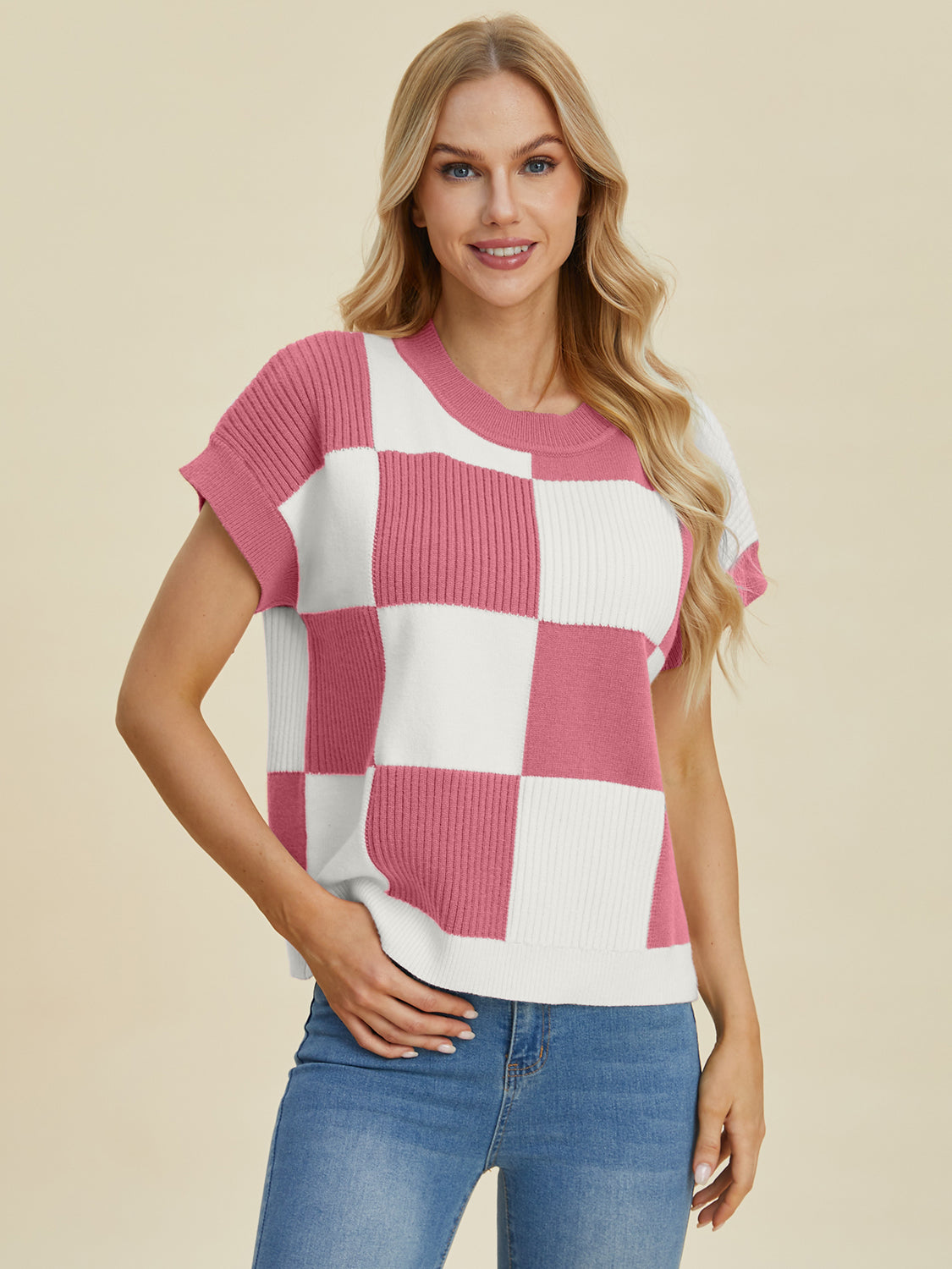 Double Take Full Size Checkered Round Neck Short Sleeve Sweater Dusty Pink