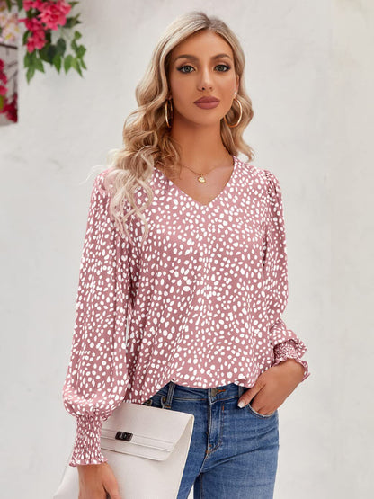 Printed V-Neck Lantern Sleeve Blouse Dusty Pink