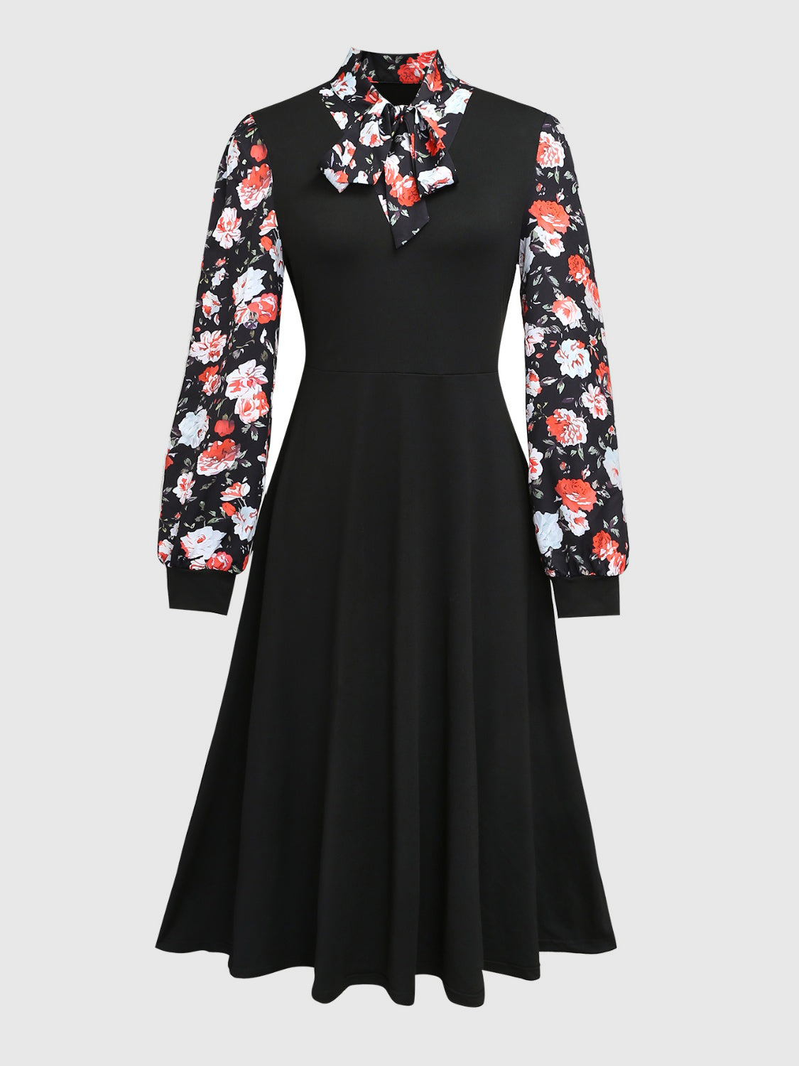 Printed Tie Neck Midi Dress for Women Black