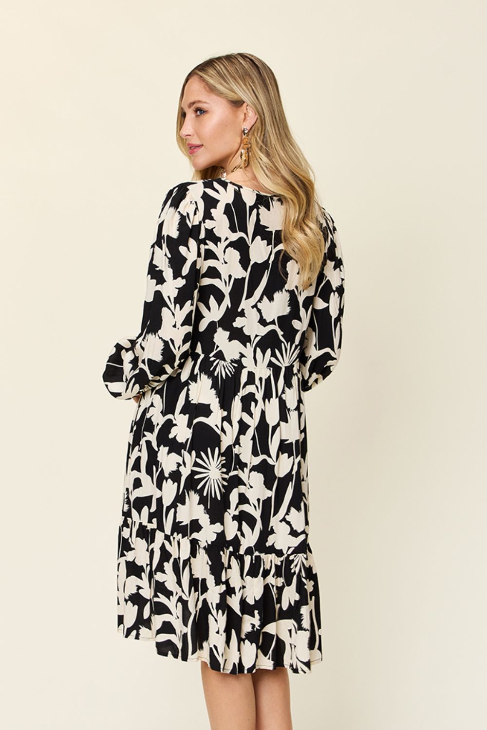 Printed Ruffle Hem Long Sleeve Rayon Dress