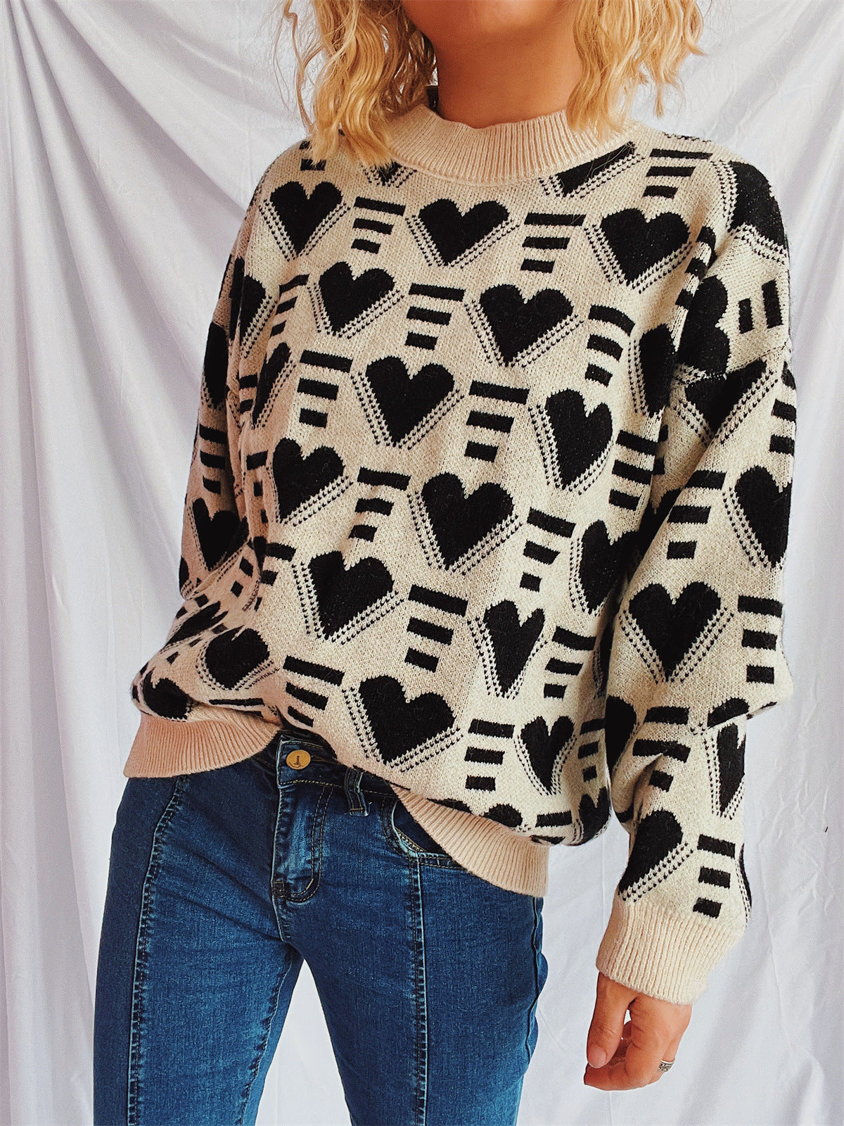 Heart Contrast Long Sleeve Dropped Shoulder Sweater Tan One Size