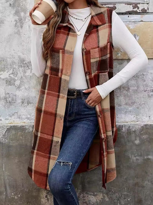 Plaid Button Up Vest Coat Terracotta