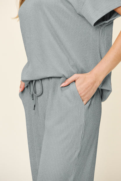 Textured Knit Top and Wide Leg Pant Set