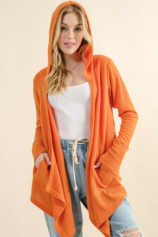 And The Why Full Size Thermal Hooded Open Front Cardigan with Pockets Dusty Coral