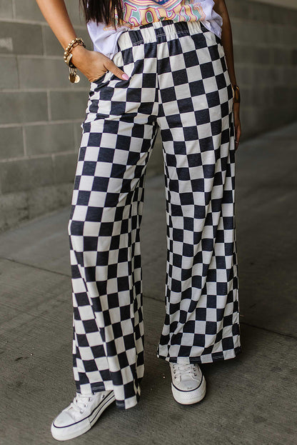 Checkered Wide Leg Pants Black