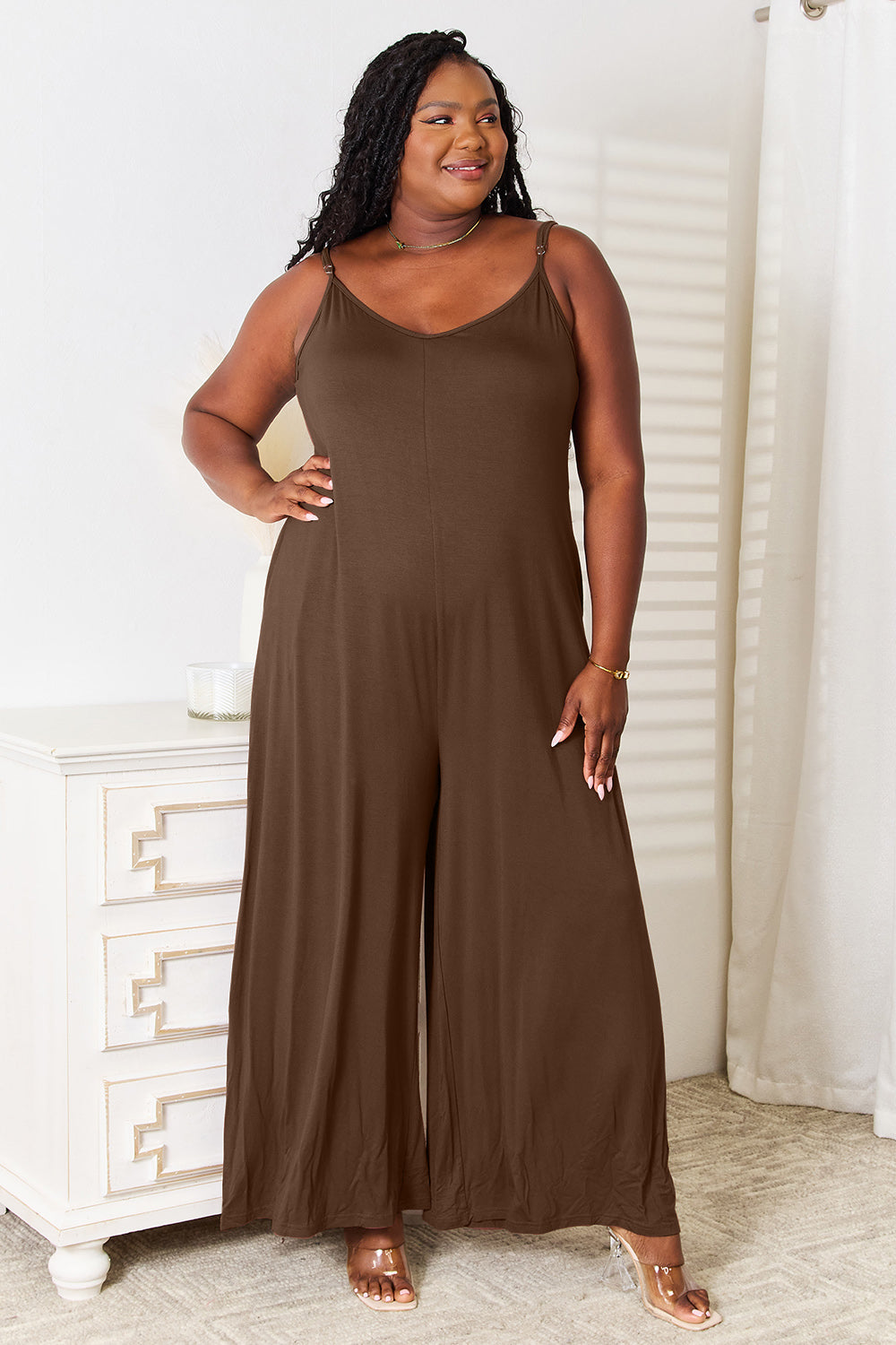 Soft Rayon Wide Leg Jumpsuit Mocha