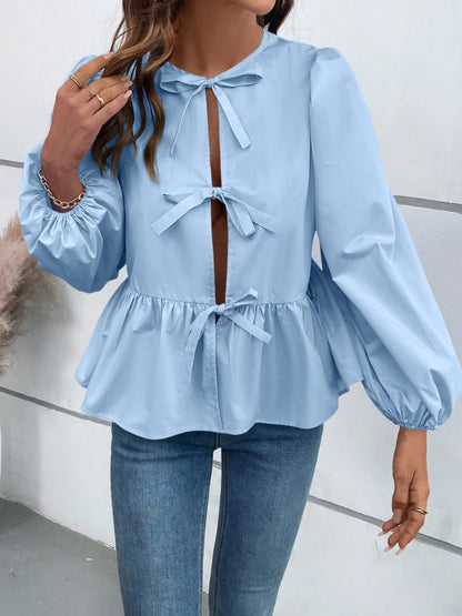 Peplum Tied Long Sleeve Blouse Light Blue