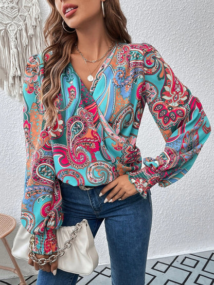 Printed Surplice Smocked Lantern Sleeve Blouse Floral