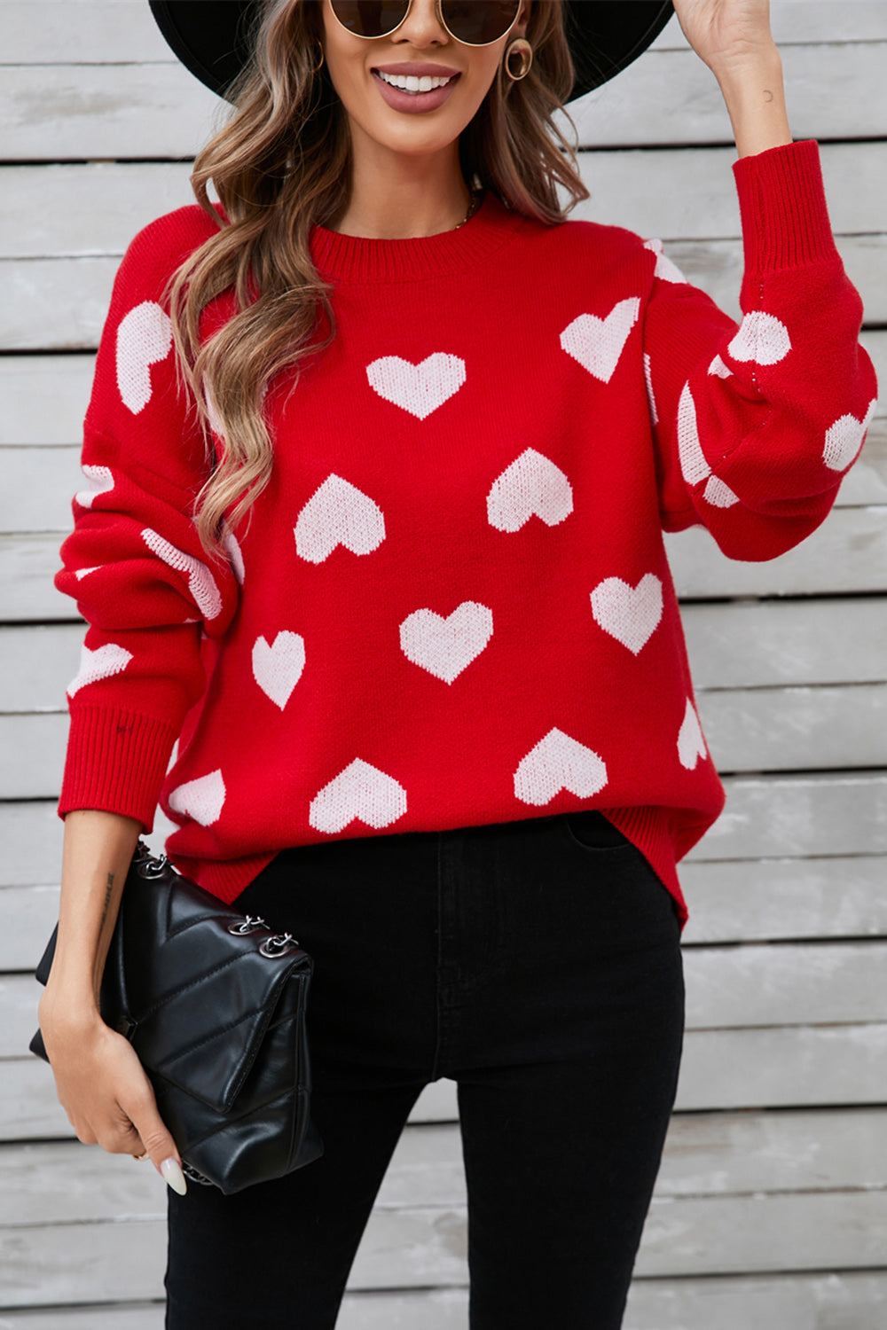 Angel Wings Heart Round Neck Long Sleeve Sweater Deep Red