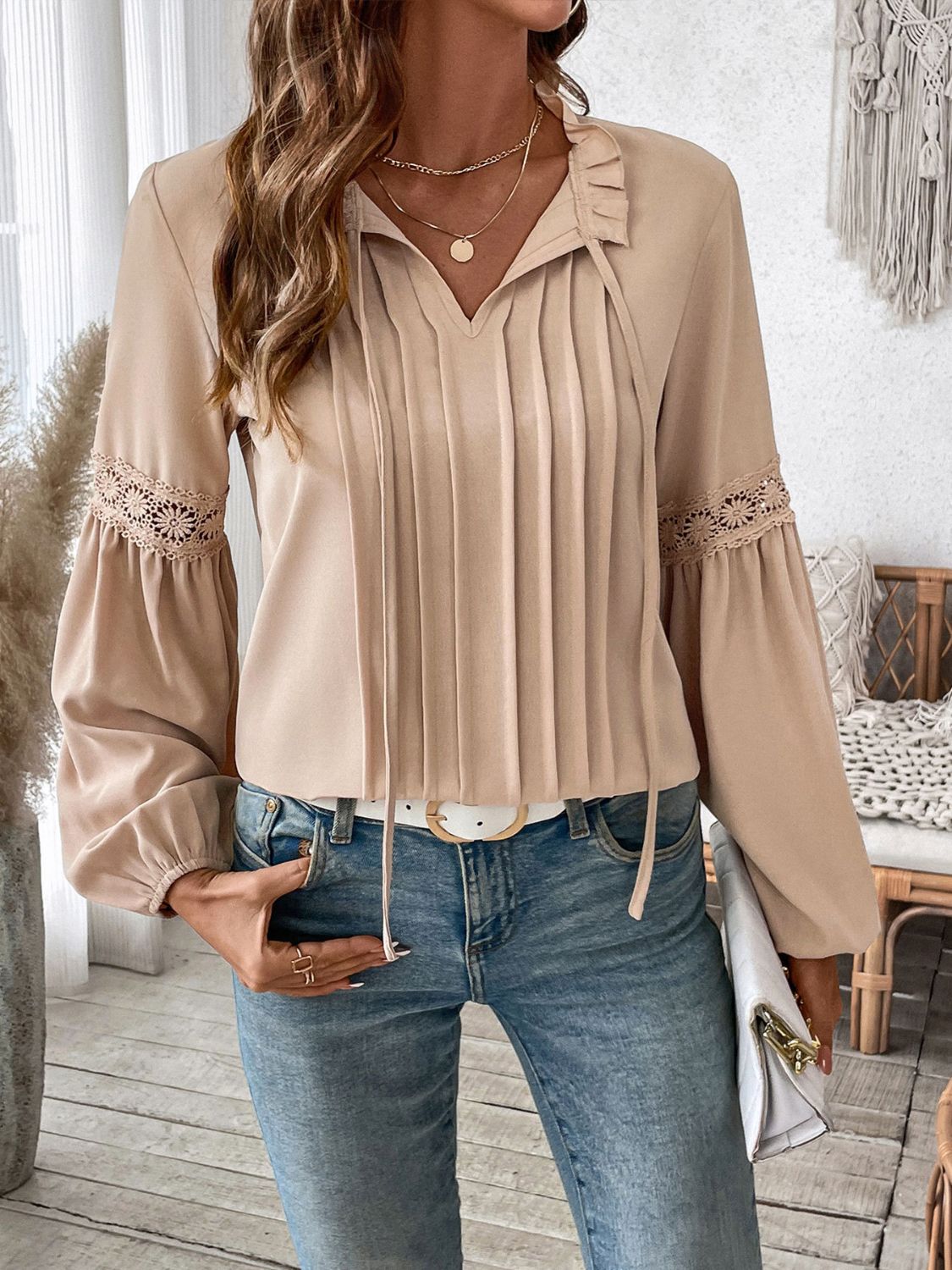 Perfee Frill Tie Neck Long Sleeve Blouse Tan