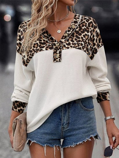 Women's Leopard Waffle Knit Button-Up Top Leopard