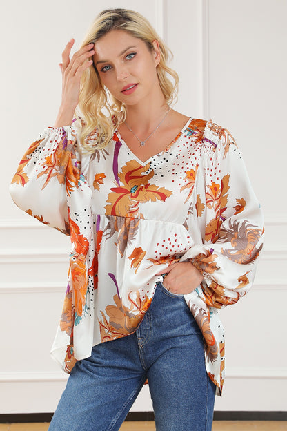 Printed V-Neck Smocked Balloon Sleeve Blouse White