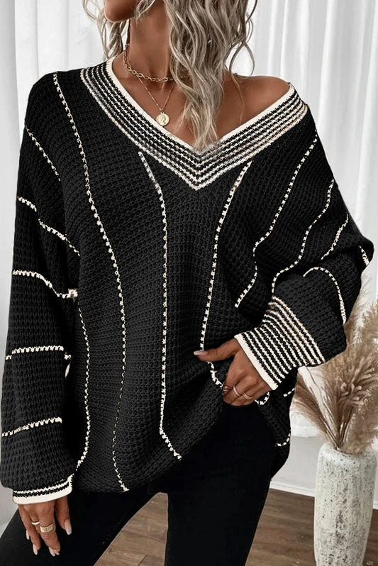 Striped V-Neck Long Sleeve Sweater Black